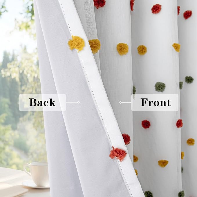 MEETSKY Kids Blackout Curtains for Girls Bedroom 63 Inches Long Rainbow Yellow Red Green Pom Pom Curtains for Nursery 2 Panels Small Window Curtains with 2 Layered Room Darkening Grommet,52 x 63 Inch