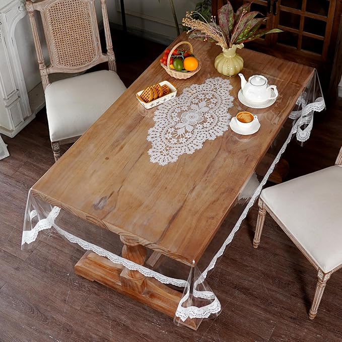 Clear Table Protector Cover Vinyl Rectangle PVC Tablecloth with Printed Crocheted Lace Waterproof Oil Proof Wipeable Plastic Tablecloths for Home Kitchen Dining Table (Lace, 55 x 120 Inches)