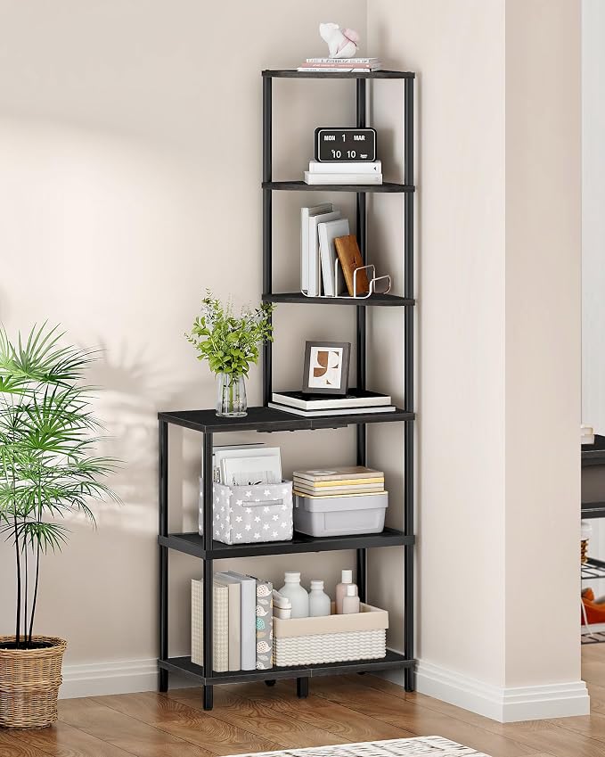 CHOEZON 6-Tier Corner Shelf, Industrial Corner Bookshelf with Desk Top, Diamond-Shaped Storage Shelves, Display Stand for Small Spaces, Living Room, Home Office, Foyer, Black TCJ70BB