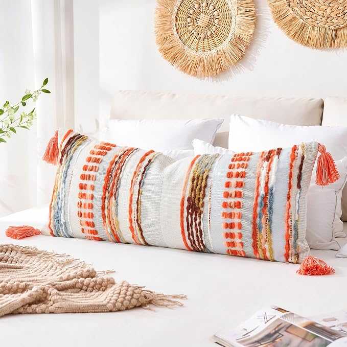NUYECY Chenille and Cotton Long Pillow for Bed, Striped Textured Boho Lumbar Throw Pillow Cover 16x36, Neutral Accent Decorative Extra Long Body Pillow Case for Couch, Sofa, Bedroom, Red