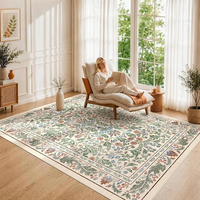 Floral 5x7 Area Rugs for Living Room, Machine Washable Vintage Rug Boho Low Pile Carpets Non Slip Soft Carpet for Farmhouse Bedroom Office Rugs, Kids Room, Nursery Room, Playroom, Beige