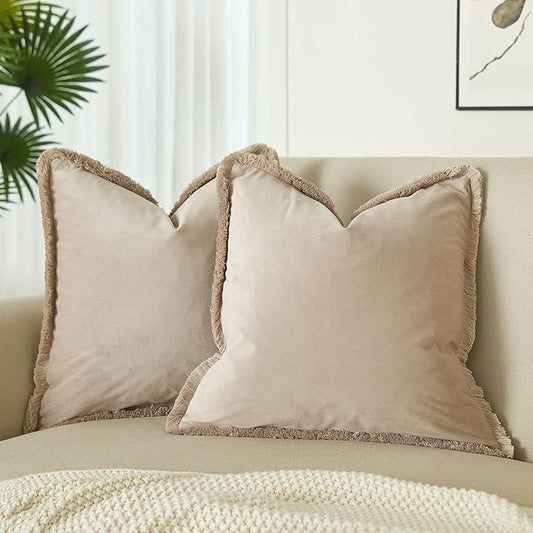 JUSPURBET Champagne Decorative Velvet Fringe Throw Pillow Covers 20x20 Set of 2 Boho Soft Cushion Case for Home Decor Living Room Couch Sofa Bed