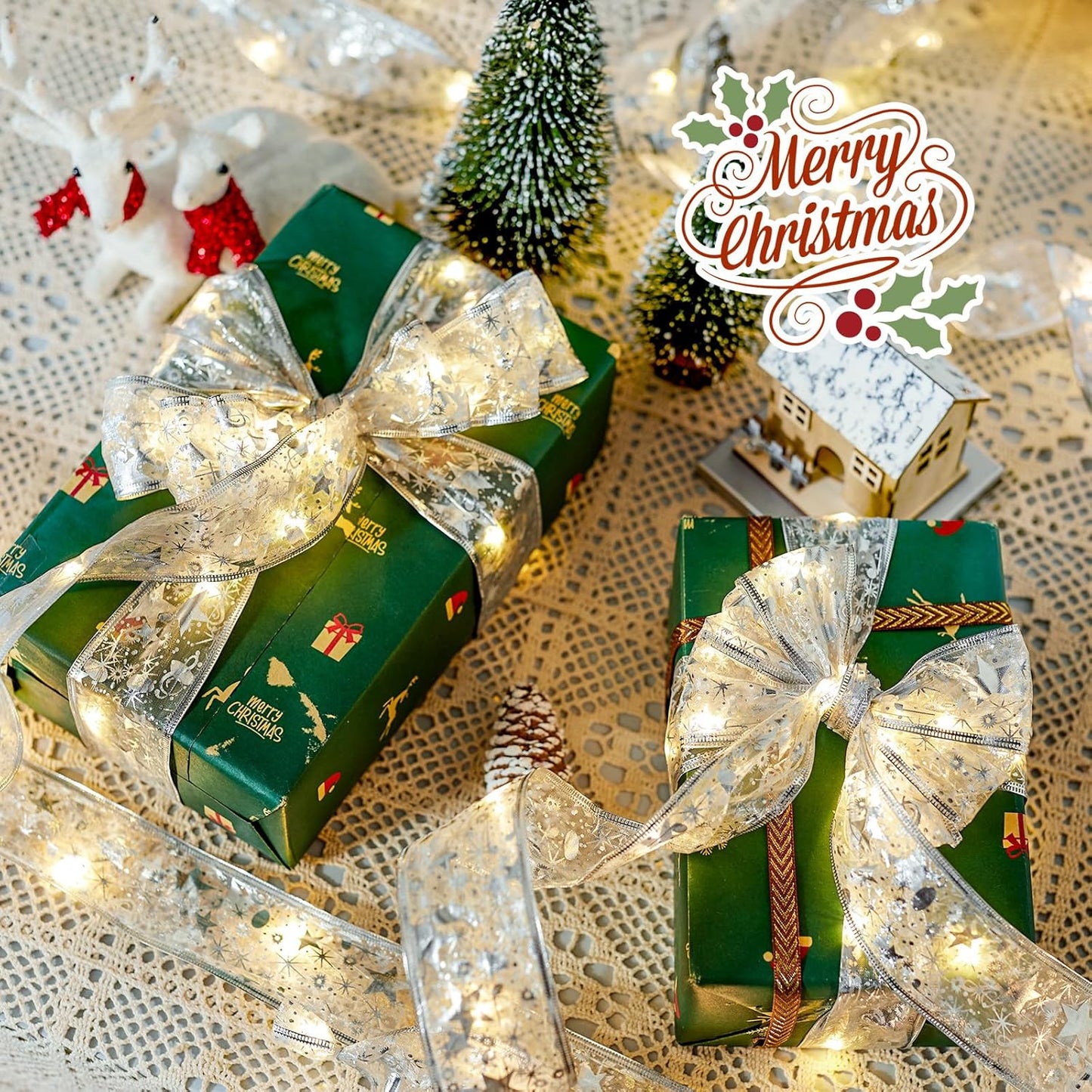 2 Pack Christmas Tree Ribbon String Lights - 33ft 100 LED Battery Powered Ribbon Bow Fairy Lights with Timer and 8 Lighting Modes for 6ft - 8ft Christmas Tree New Year Decor, Silver Ribbon