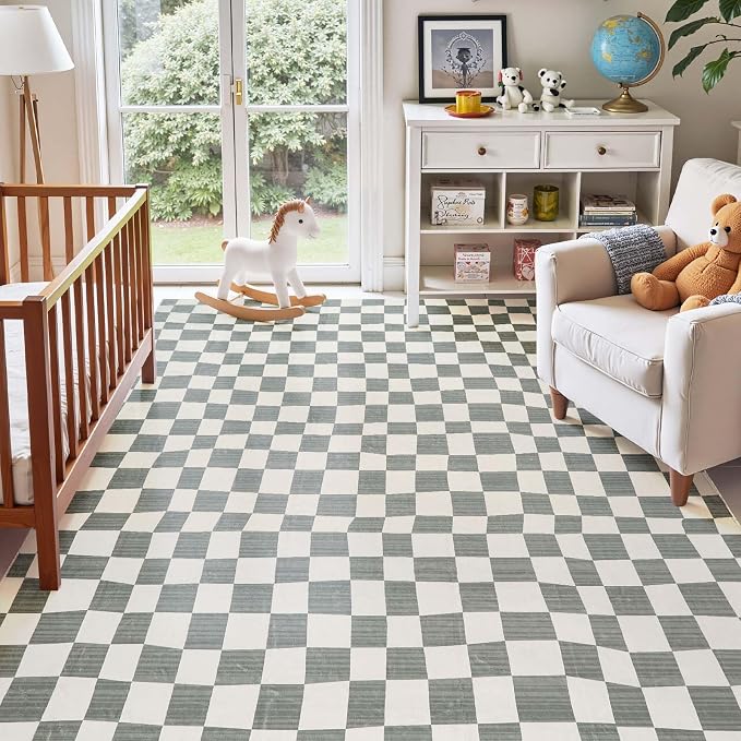 jinchan 6x9 Checkered Area Rugs for Kids Room - Machine Washable Soft Rug Modern Geometric Lattice Non-Slip Carpet for Nursery Playroom Classroom Living Room Bedroom Dining Room Home Office Grey