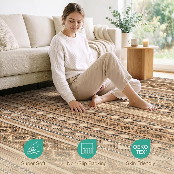 cotiled 7x9 Area Rugs Living Room Rug: Washable Boho Rugs with Non Slip Backing Large Soft Indoor Stain Resistant Carpet for Bedroom Farmhouse Dining Room Lightweight Home Decor Brown/Beige