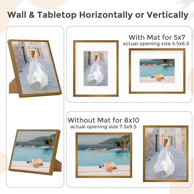 FLYJOE 8x10 Picture Frame - Metal Frame With Mat 5x7 | 8 x 10 Aluminum Photo Frame | Plexiglass And Hanging Hardware Included | Black 8x10 Picture Frame | Bronze