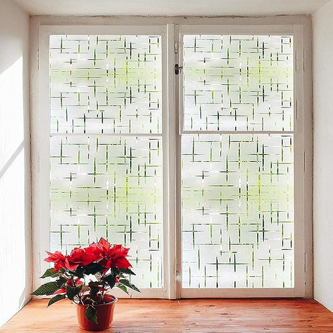 Finnez Frosted Window Film Non-Adhesive, Static Cling Privacy Film for Glass, No Glue Decorative Cling for Home Office Bathroom UV Protection Cross Pattern 11.8 X 118.1 Inches