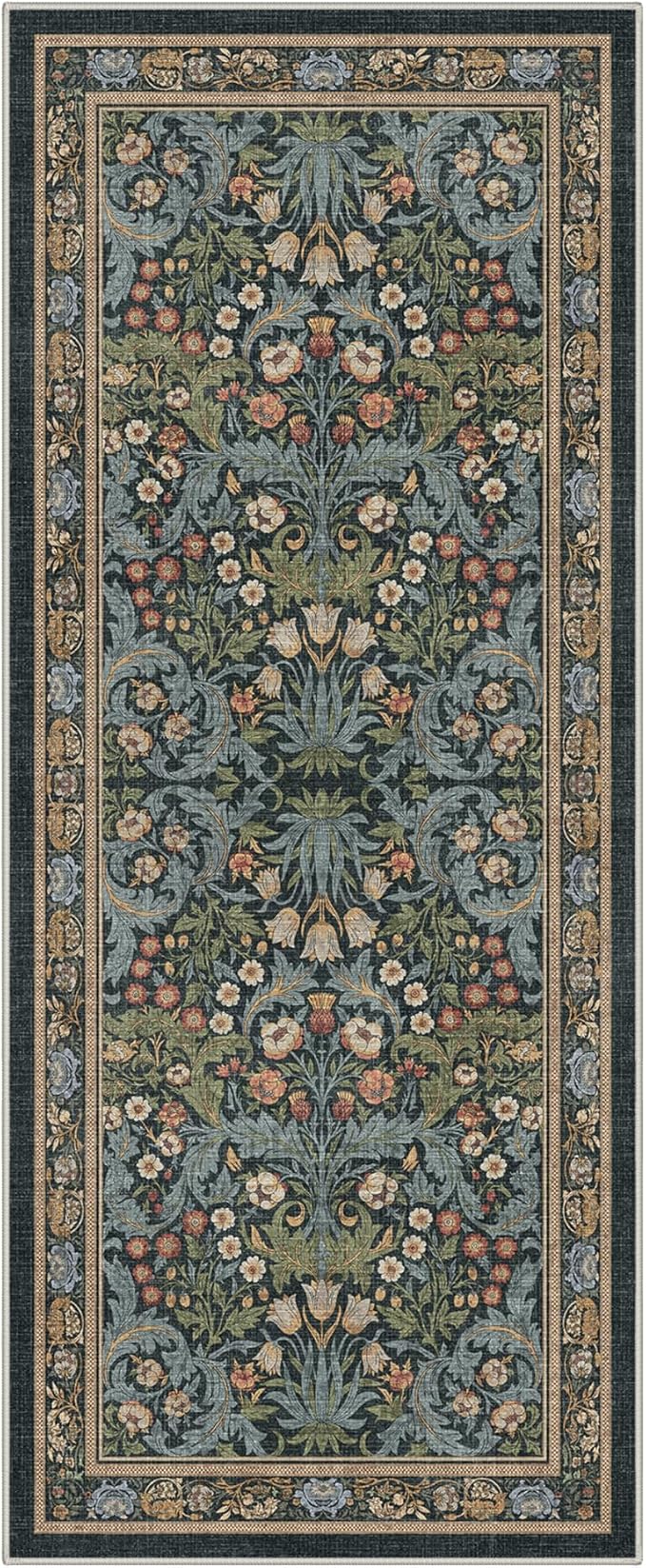 GENIMO 2x5 Washable Kitchen Runner Rug, Non Slip Hallway Mat, Center Blue | Vintage Boho Floral Low Pile Thin Mat for Entryway, Kitchen, Bedroom, Indoor Decor