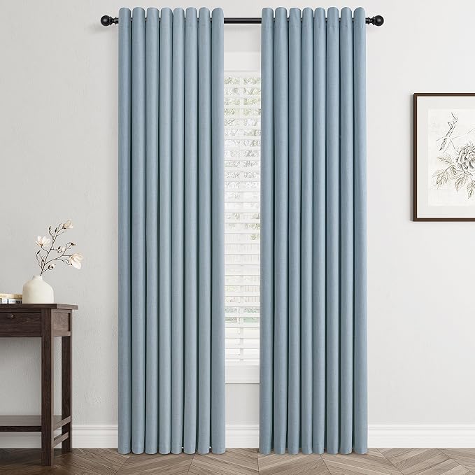 Jowels Blue Linen Blackout Curtains 80 Length 2 Panels Set for Living Room Bedroom, 100% Black Out Thermal Insulated Linen Drapes, Room Darkening Grommet Curtains 80 Inches Long