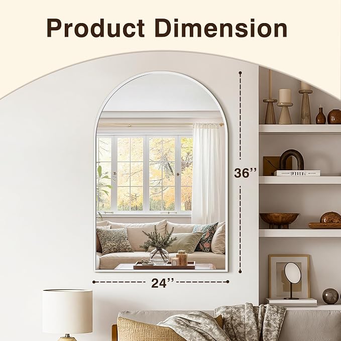 Bathroom Vanity Mirror for Wall, 36”x24” Arched Bathroom Mirror for Over Sink, Arched Metal Frame for Bedroom, Living Room, Entryway, Hanging or Leaning, Silver