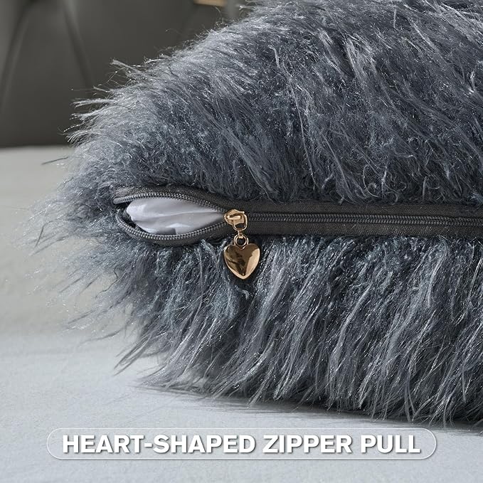 FUTEI Pack of 2 Shaggy Mongolian Faux Wool Throw Pillow Covers 18x18 Inch Soft Fluffy Farmhouse Decorative Cushion Case for Couch Bed Living Room, Dark Grey