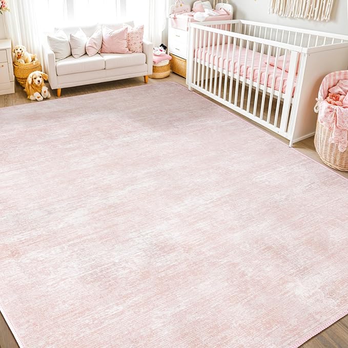 LIANLAM 10x12 Washable Rug, Pink Solid Area Rugs for Living Room & Bedroom | Stain-resistant & Non-slip backing,Low Pile Washable Large Carpet, Solid Vintage Style For High Traffic Areas(10x12,Pink)