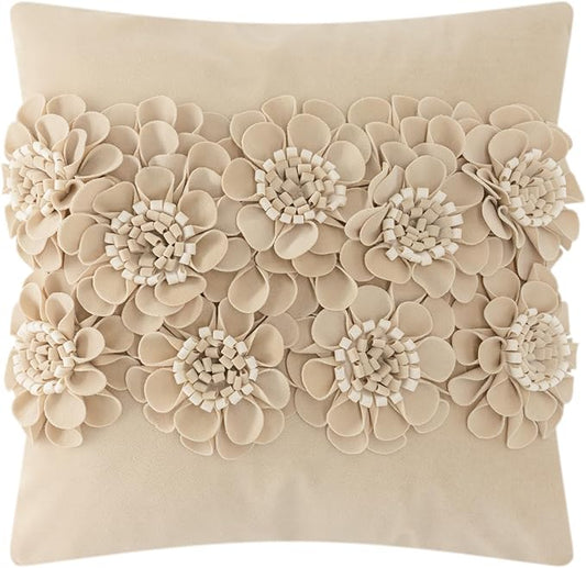JWH Handmade 3D Flower Throw Pillow Covers Aesthetic Decorative Floral Accent Pillow Cases Stereo Velvet Pillowcase Cute Cushion for Car Bed Couch Bedroom Decor 18x18 Inch Camel White