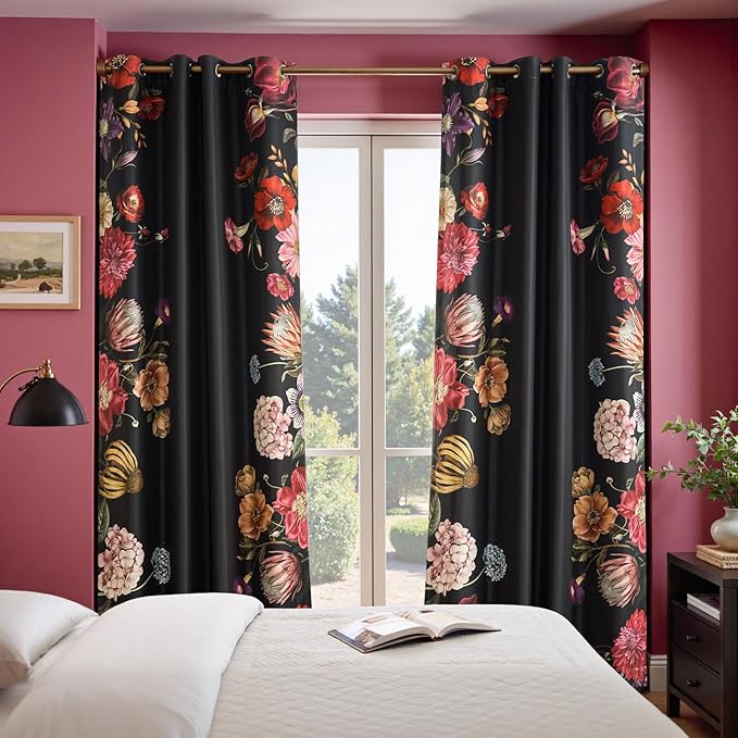 jinchan Hannah Floral Blackout Curtains with Retro Vintage Black Boho Flower Print Drapes for Bedroom Living Room Fall Decor Window Curtains Room Darkening 96 Inches Length 2 Panels Set with Grommet