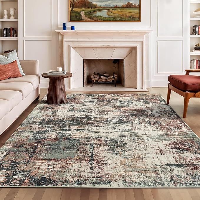Rugflix 5x7 Area Rugs for Living Room, Washable Large Rug Stain-Resistant Low Pile, Modern Carpet for Dining Room Home Office Kid Room Nursery Bedroom, Rust Brown Green