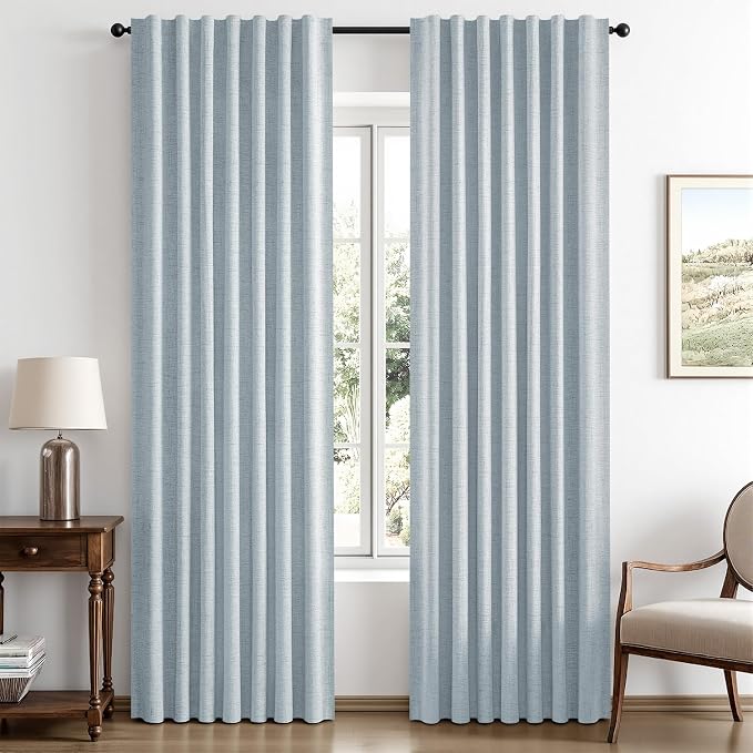 MIULEE 100% Blackout Linen Curtains for Bedroom, Chambray Blue Solid Luxury Decor Thermal Insulation Room Darkening Drapes for Living Room Back Tab Rod Pocket 42 x 63 Inches, 2 Panels