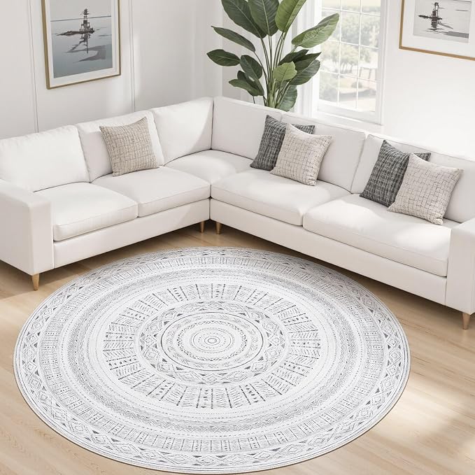 cotiled 6x6 Round Area Rugs Living Room Rug: Washable Boho Rugs with Non Slip Backing Large Soft Indoor Stain Resistant Carpet for Bedroom Farmhouse Dining Room Lightweight Home Decor Dark Grey
