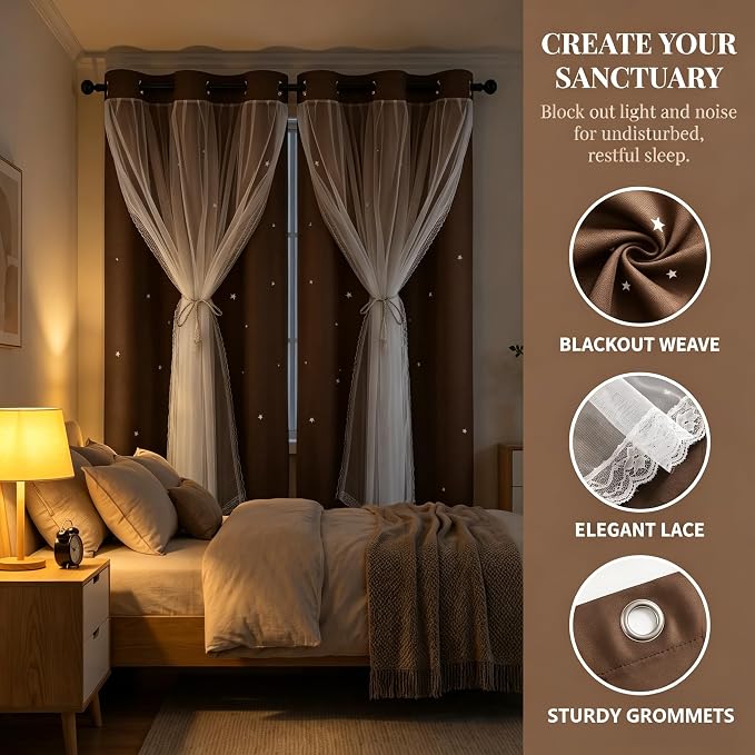 Star Cutout Blackout Curtains Double Layer Curtains with Durable Sheer Curtains for Bedroom Thermal Insulated Window Treatment Set with 2 Free Tiebacks (52W x 63L 2 Panels Chocolate)