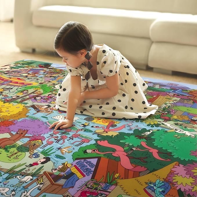 Hazo Haus Colorful Jungle Adventure Kids Rug 5x7 – Fun Cartoon Area Rug with Animals, Amusement Park, and Nature Scene – Ideal for Bedrooms, Toddlers, or Small Play Areas