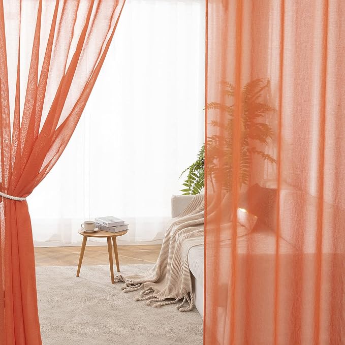 MIULEE 2 Panel Burnt Orange Semi Sheer Window Curtains - Elegant Grommet Top Voile Panels/Drapes/Treatment Linen Textured for Bedroom, Living Room - Fall Decor (54X63 Inches)
