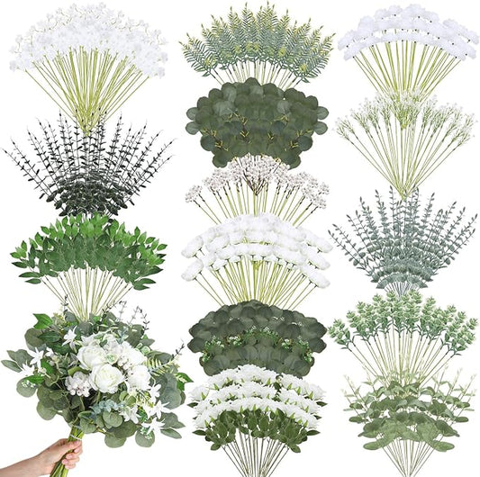 Thiccywoov 250 Pcs Artificial Eucalyptus Leaves Stem Bulk Fake Greenery Faux UV Resistant Sprays Silver Dollar Eucalyptus for DIY Wedding Bouquet Vase Floral Arrangement Decor(White, Green,15 Kinds)