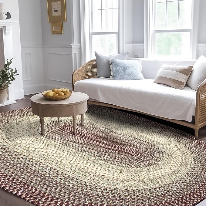 Super Area Rugs Braided Rugs 5X8 Farmhouse Kitchen Rug - Ridgewood Braided Rug for Living Room - Reversible - Indoor/Outdoor - Made in USA - Burgundy/Beige, 5' X 8' Oval