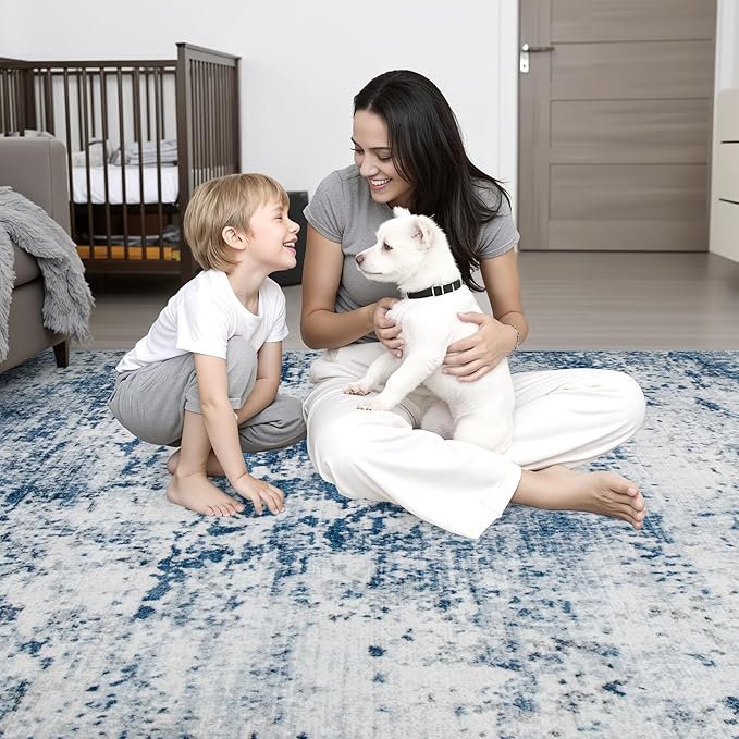 Round Area Rug for Living Room: 6 ft Washable Modern Abstract Soft Thin Rug Indoor Floor No Slip Stain Resistant Carpet for Bedroom Dining Room Farmhouse Nursery Home Office - Blue