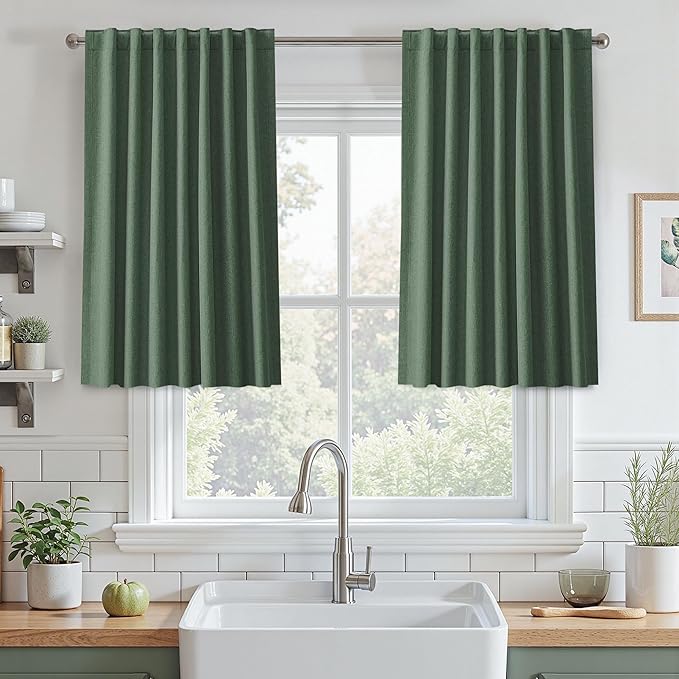 UHITECH Short Curtains 36 Inch Length 2 Panels Set Olive Green Linen Blackout Curtains for Bedroom Living Room Small Windows Modern Cafe Textured Thermal Insulated Drapes Back Tab 52 Inch Wide