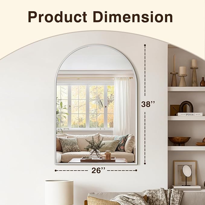 Bathroom Vanity Mirror for Wall, 38”x26” Arched Bathroom Mirror for Over Sink, Arched Metal Frame for Bedroom, Living Room, Entryway, Hanging or Leaning, Silver