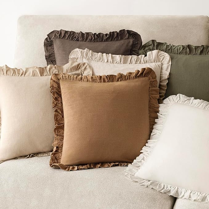 Foindtower Set of 2 Decorative Soild Fringe Ruffle Throw Pillow Covers Soft Boho Farmhouse Cushion Cover Cozy Accent Retro Pillowcase for Couch Sofa Bed Living Room Home Decor,18×18 Inch,Orange Brown