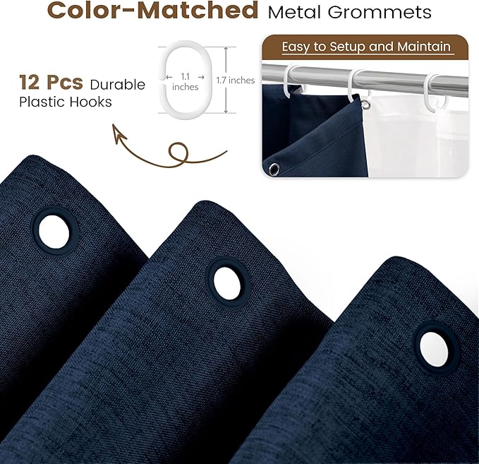 BTTN 3 in 1 Shower Curtain with Liner - 96 Inch Extra Long Linen Textured Fabric Shower Curtain Set with Plastic Hook, Tall Modern Heavy Duty Waterproof Shower Curtain for Bathroom, Navy Blue, 72x96
