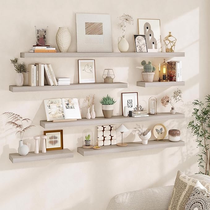 Fun Memories Floating Shelves for Wall, 20 Inch Floating Shelves Set of 2, Hanging Shelf with Invisible Brackets, Wood Shelves for Living Room, Bedroom, Kitchen, Grey