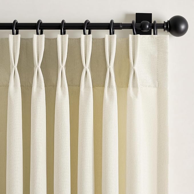 Cream Pinch Pleated Linen Curtains 84 Inch Length 2 Panels for Bedroom Living Room Textured Semi Sheer Window Curtain Boho Neutral Back Tab Pinch Pleat Drape with Hooks 84 Inches Long