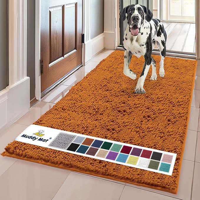 Muddy Mat® | Super Water Absorbent Door Mat Indoor, Microfiber Quick Dry Chenille Entryway Rug, Slip Resistant Front Door Mat, Indoor Mats for Entryway, Machine Washable Pet Rug, Orange 36"x60"