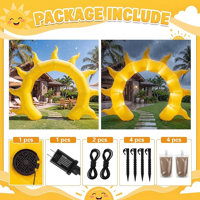 Seenelling 12 FT Summer Sun Inflatable Archway with LED Lights, Giant Sunshine Blow Up Arch Decoration for Baby Shower, Birthday, Beach Pool Party and Outdoor Yard Lawn Decor