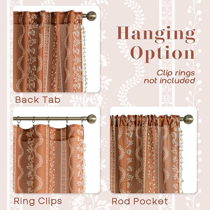 Bohemian Hippie Floral Patterned Curtains 96 Inch Long, Copper Burnt Orange Western Boho Linen Drapes, Vintage Botanical Drapes for Bedroom Living Room, 2 Panel Set