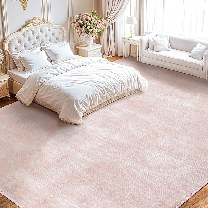 9x12 Washable Area Rug, Pink Solid Area Rugs for Living Room & Bedroom | Stain-resistant & Non-slip backing,Low Pile Washable Large Carpet, Solid Vintage Style For High Traffic Areas(9x12,Pink)