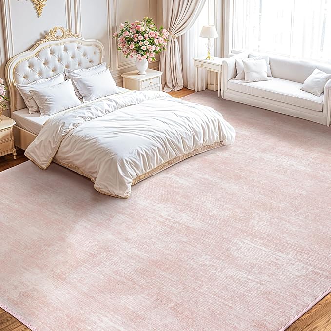 LIANLAM 10x12 Washable Rug, Pink Solid Area Rugs for Living Room & Bedroom | Stain-resistant & Non-slip backing,Low Pile Washable Large Carpet, Solid Vintage Style For High Traffic Areas(10x12,Pink)
