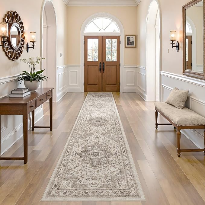 Vintage Hallway Runner Rug 2x10: Large Soft Washable Entryway for Kitchen Laundry Room Non-Slip Backing Runner for Entrance Living Room Bedroom Bathroom - Light Brown