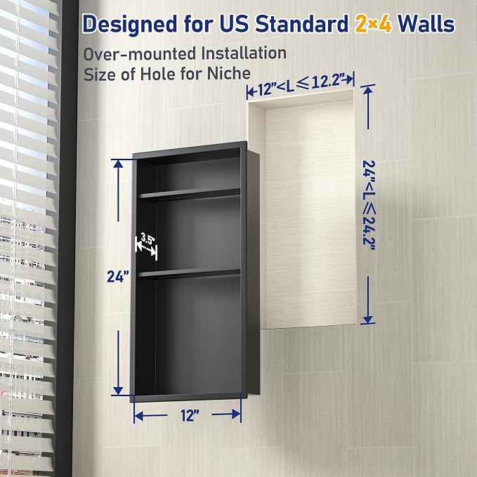 Stainless Steel Shower Niche 24" X 12" Matte Black No Tile Needed Vertical Niche Shower with Three-Tier Shelves Recessed Wall Niches for Bathroom Storage Over Mount Installation