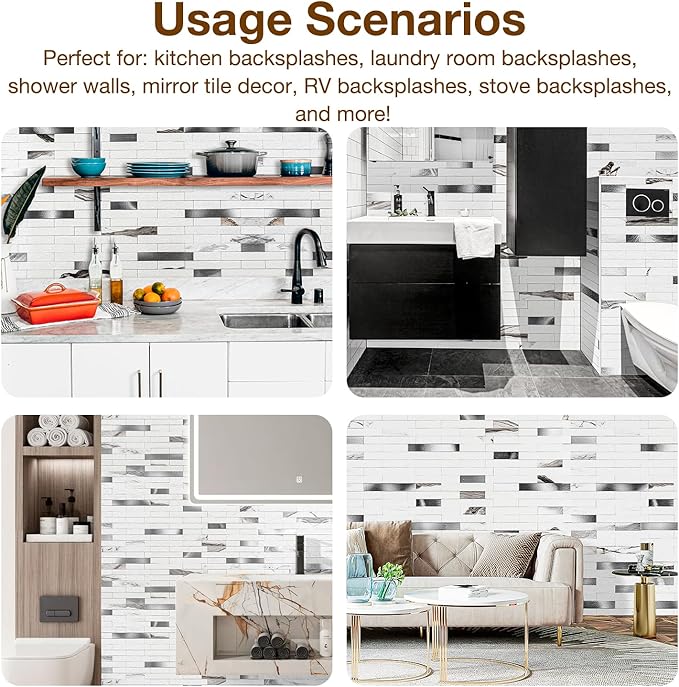 Peel and Stick Backsplash Tile Waterproof Removable PVC Wall Sticker 3D Faux Stone Marble Brick White Accent Panels (Rough White Marble - Metal Silver, 40 Tiles - 18 sq. ft. (1.68 m²)
