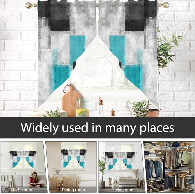 AAtter Teal Kitchen Valance Curtain for Window Black Gray Grey Modern Turquoise Abstract Small Short Swag Topper Bathroom Living Room Bedroom Rod Pocket Drapes Fabric 1 Pair, 28" W x 36" L, Geometric