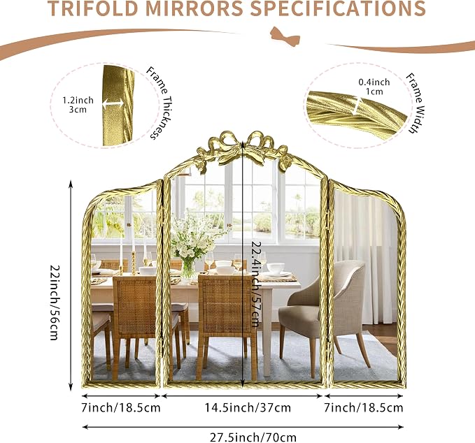 Gold Trifold Vanity Mirror Bow Top, 3-Way Makeup Mirror, Wall Mirrors for Entryway, Dresser Mirror for Bedroom, Wall Mirrors over Bathroom Sink, Decorative Mirror for Mantle, Wall-Mount Tabletop
