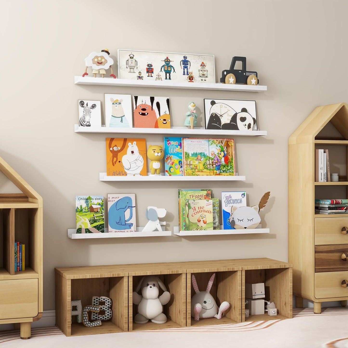 Floating Picture Ledge Shelves 72 Inch Solid Oak Wood Set of 2, Rustic Wall Storage Shelves with Lip, Kids Bookshelf, Photo & Picture Ledge Shelves for Bedroom, Living Room, Kitchen