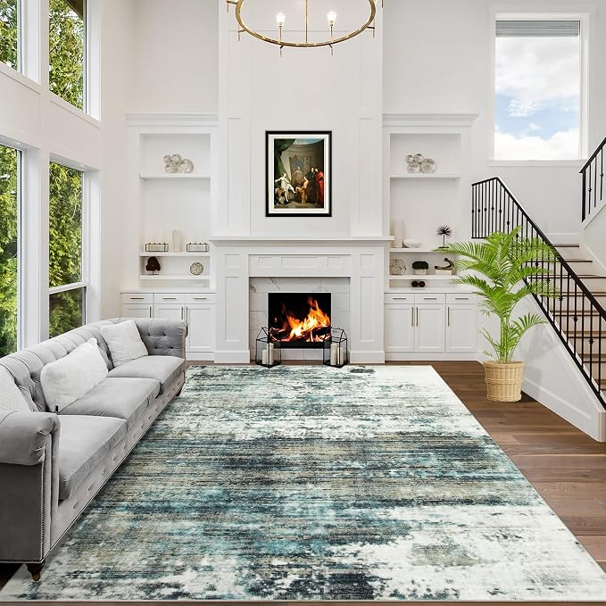 10x14 Area Rugs Washable Rug: Modern Abstract Living Room Rug Soft Anti-Skid Thin Carpet Indoor Floor Non-Shedding Carpets for Bedroom Dining Room Farmhouse Nursery Home Office Green Multi