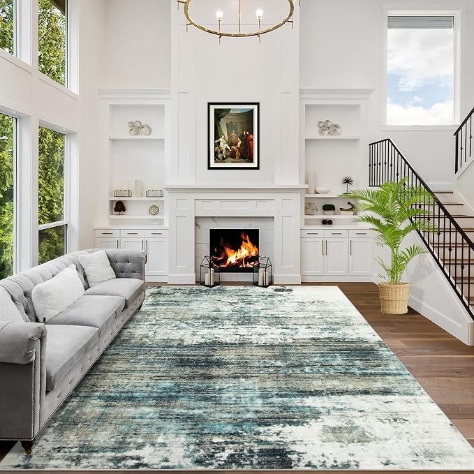 8x10 Area Rugs Washable Rug: Large Modern Abstract Living Room Rug Soft Anti-Skid Thin Carpet Indoor Floor Non-Shedding Carpets for Bedroom Dining Room Farmhouse Nursery Home Office Green Multi