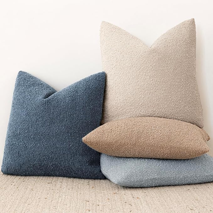 Foindtower Set of 2, Decorative Textured Boucle Throw Pillow Covers Accent Solid Pillow Cases Neutral Couch Cushion Case for Chair Sofa Bedroom Living Room Home Decor 26x26 Inch Dark Blue