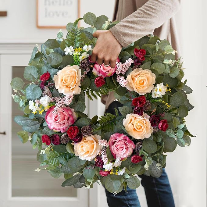 WANNA-CUL 24 Inch Pink Champagne Rose Spring Wreath for Front Door | Burgundy Rose and Eucalyptus Leaves, Ideal for Summer ,Fall ,Mother's Day, Valentine's Day, Indoor Outdoor Decor