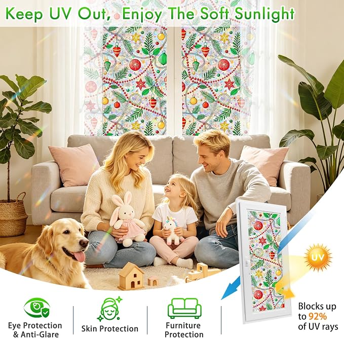 SOMWISE Rainbow Window Privacy Film,Heat Control,UV Blocking,Anti-Glare,Day & Night Privacy Protection & Decoration for Home, Bathroom,Glass Door,Static Cling,Renter-Friendly with Installation Tools