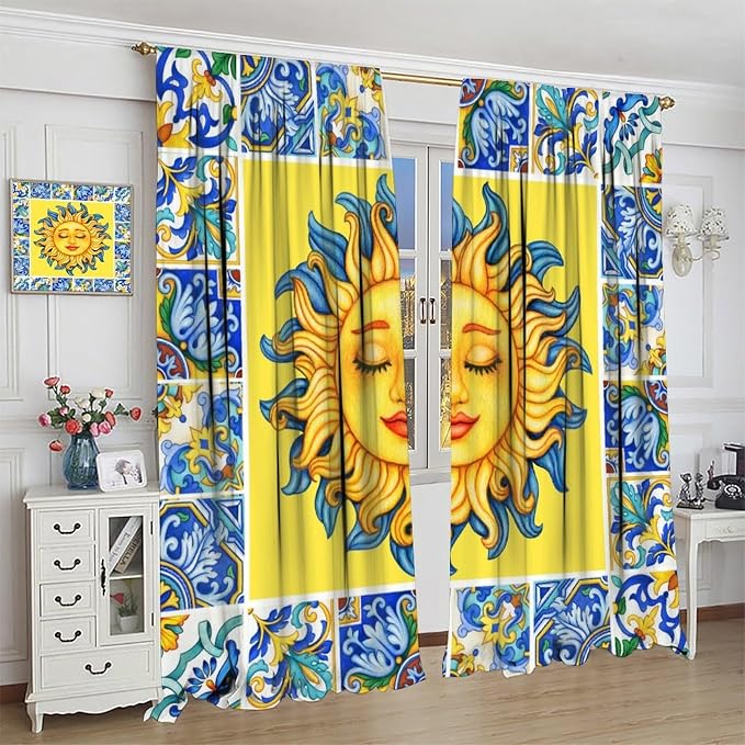 Mexico Blackout Curtains, Bohemian Sun Moon Abstract Modern Mid Century Window Drapes, for Bedroom Living Room 42" W X 54" L